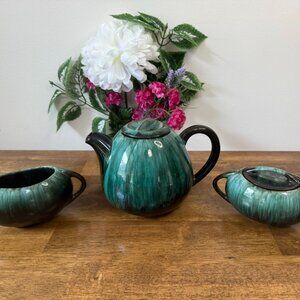 Blue Mountain Pottery Teapot Creamer Sugar Set Canadian Vintage Green Black Drip